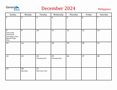 Current month calendar with Philippines holidays for December 2024