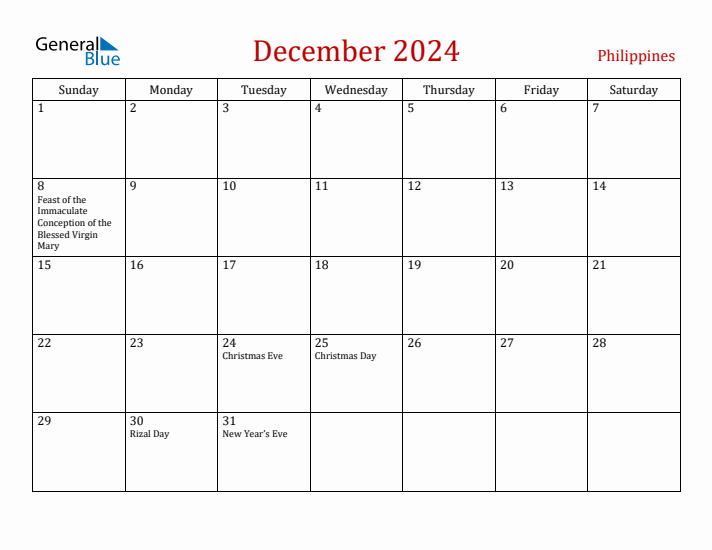 Philippines December 2024 Calendar - Sunday Start