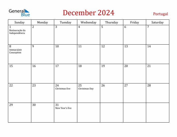 Portugal December 2024 Calendar - Sunday Start