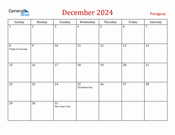 Paraguay December 2024 Calendar - Sunday Start