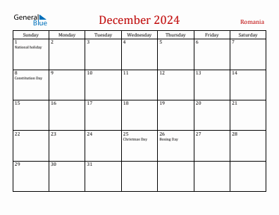 Current month calendar with Romania holidays for December 2024