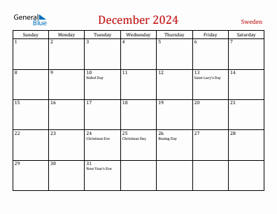 Current month calendar with Sweden holidays for December 2024