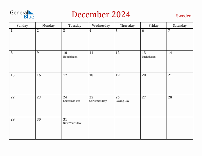 Sweden December 2024 Calendar - Sunday Start