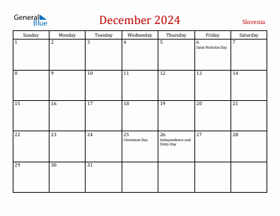 Current month calendar with Slovenia holidays for December 2024