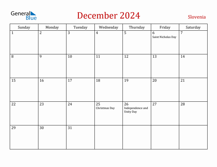 Slovenia December 2024 Calendar - Sunday Start