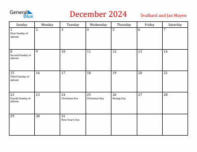 Current month calendar with Svalbard and Jan Mayen holidays for December 2024