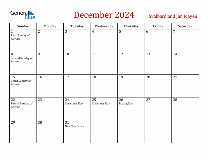 Svalbard and Jan Mayen December 2024 Calendar - Sunday Start
