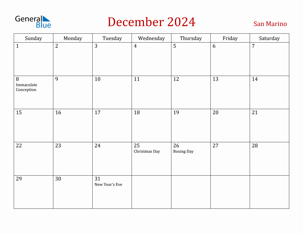 December 2024 San Marino Monthly Calendar with Holidays