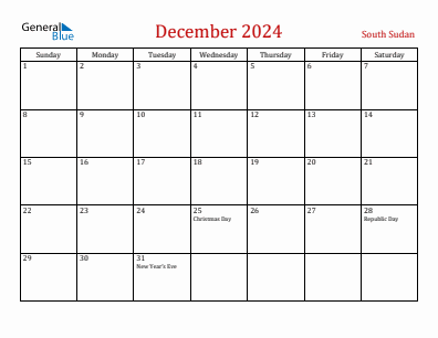 Current month calendar with South Sudan holidays for December 2024