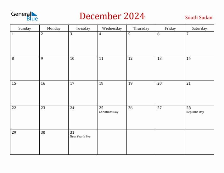 South Sudan December 2024 Calendar - Sunday Start