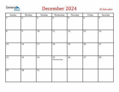 Current month calendar with El Salvador holidays for December 2024