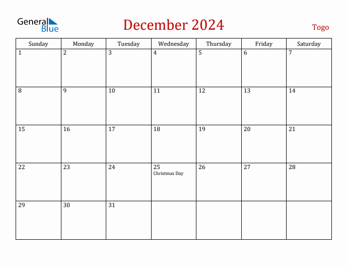 Togo December 2024 Calendar - Sunday Start