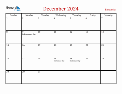 Current month calendar with Tanzania holidays for December 2024