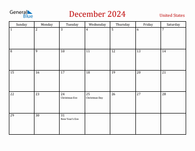 Current month calendar with United States holidays for December 2024