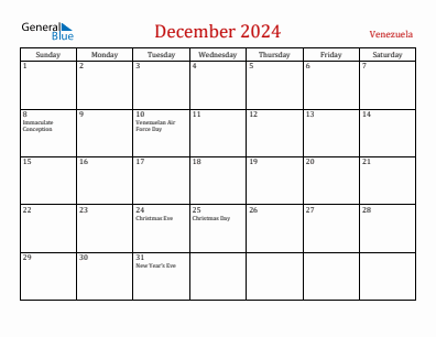 Current month calendar with Venezuela holidays for December 2024