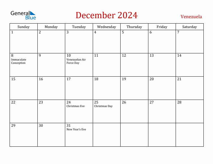Venezuela December 2024 Calendar - Sunday Start