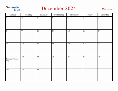 Current month calendar with Vietnam holidays for December 2024