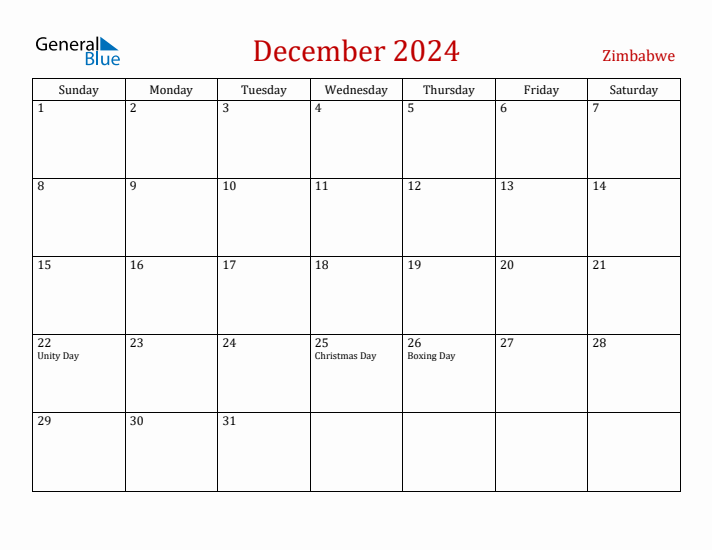 Zimbabwe December 2024 Calendar - Sunday Start