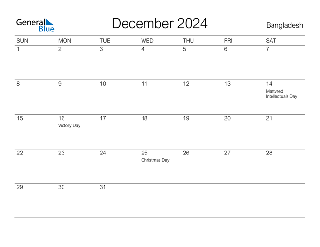 Printable December 2024 Calendar for Bangladesh
