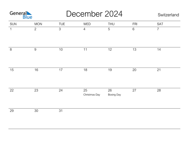 Switzerland December 2024 Calendar with Holidays
