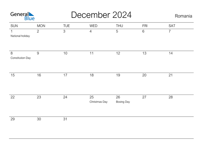 Printable December 2024 Calendar for Romania