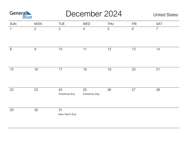 Printable December 2024 Calendar for United States