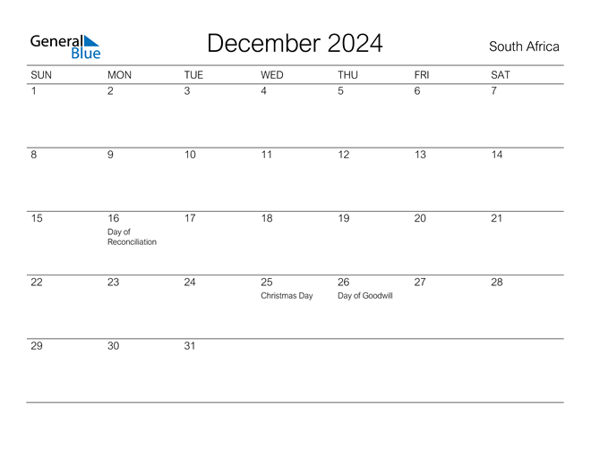 December 2024 Calendar with South Africa Holidays