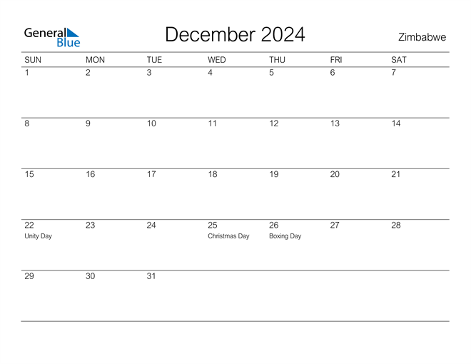 Zimbabwe December 2024 Calendar with Holidays