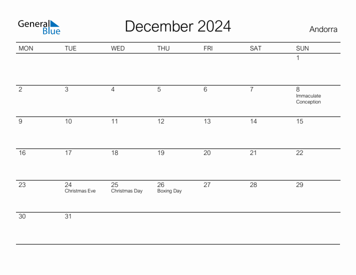 Printable December 2024 Calendar for Andorra