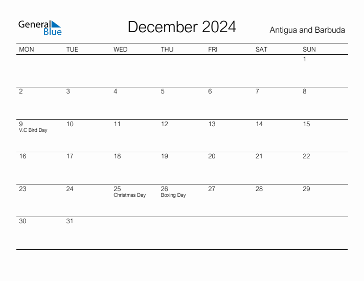 Printable December 2024 Calendar for Antigua and Barbuda