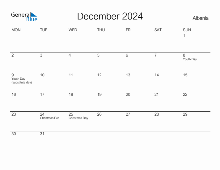 Printable December 2024 Calendar for Albania