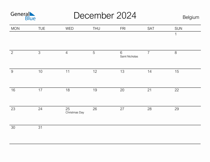 Printable December 2024 Calendar for Belgium