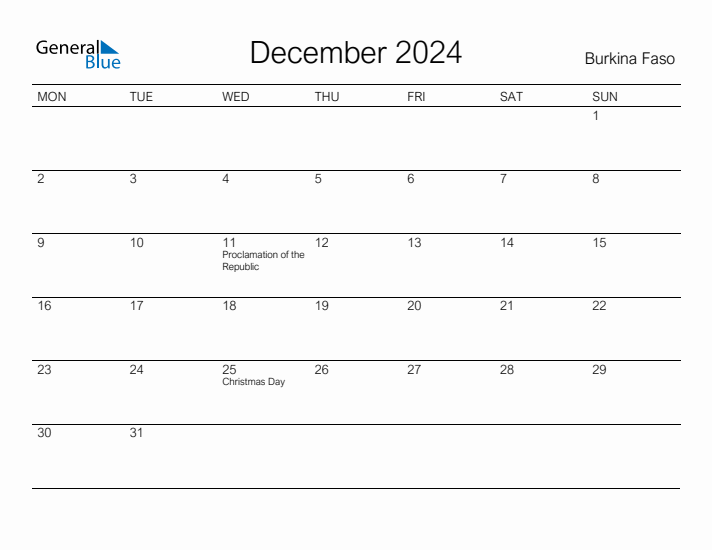 Printable December 2024 Calendar for Burkina Faso