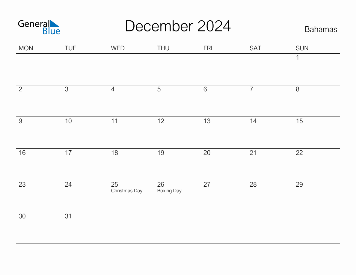 Printable December 2024 Monthly Calendar with Holidays for Bahamas