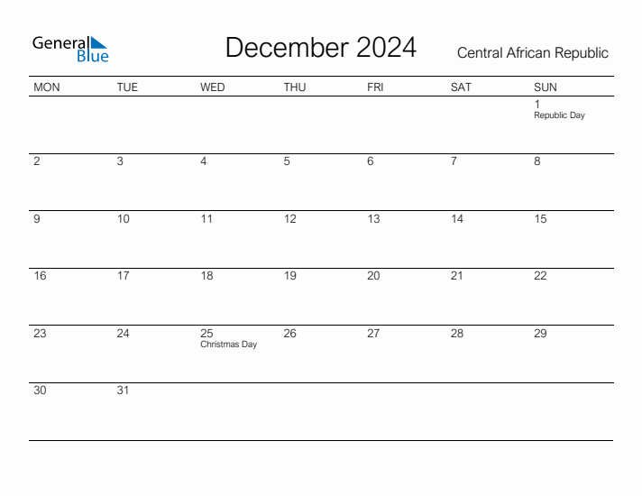 Printable December 2024 Calendar for Central African Republic