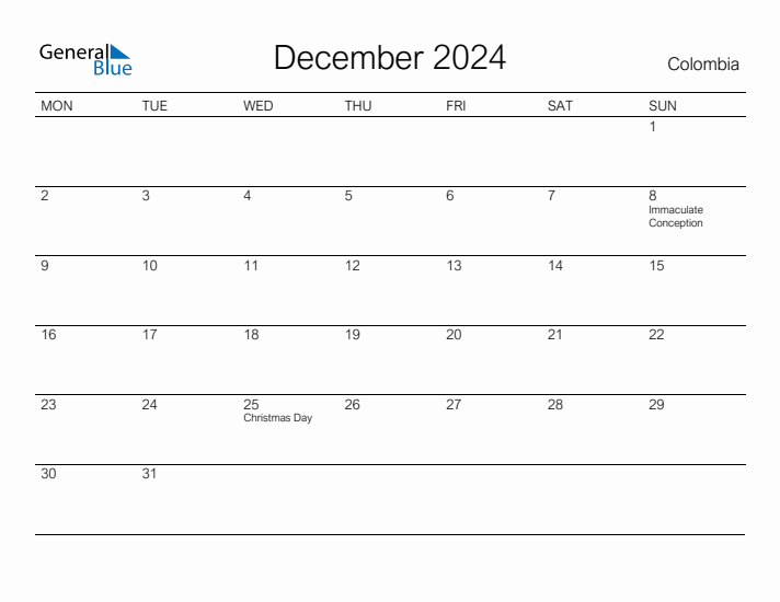 Printable December 2024 Calendar for Colombia
