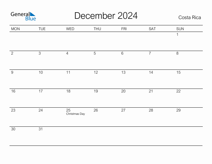 Printable December 2024 Monthly Calendar with Holidays for Costa Rica