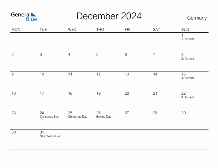 Printable December 2024 Calendar for Germany