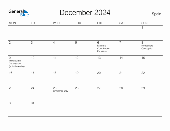 Printable December 2024 Calendar for Spain