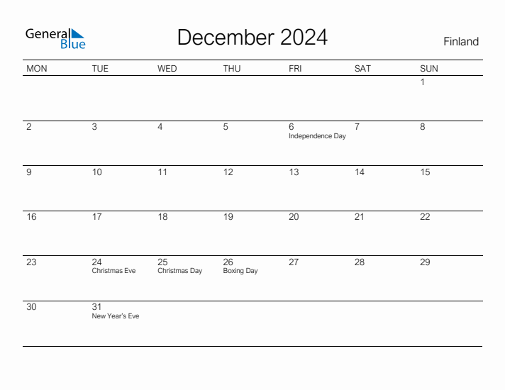 Printable December 2024 Calendar for Finland