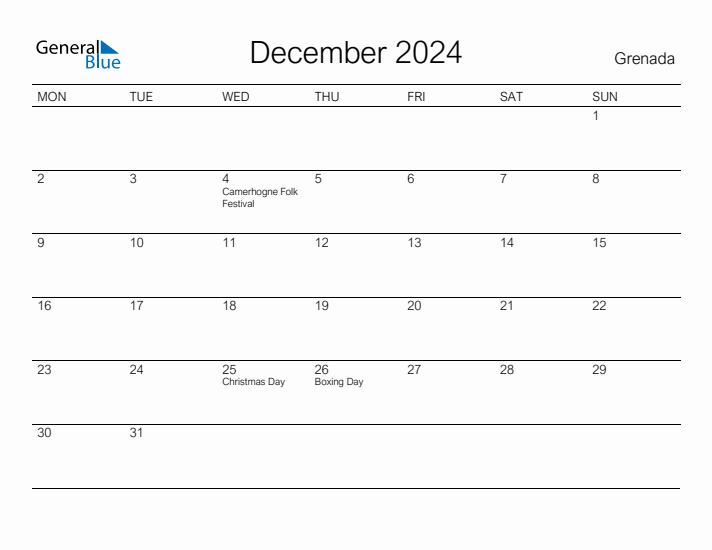 Printable December 2024 Calendar for Grenada