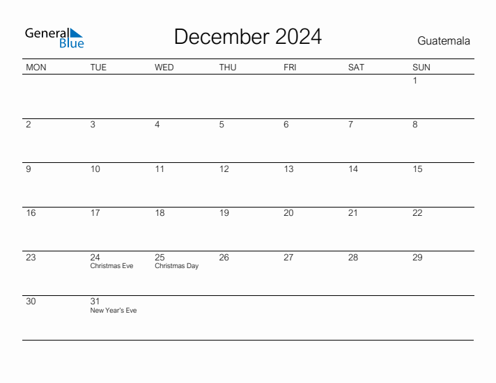 Printable December 2024 Calendar for Guatemala