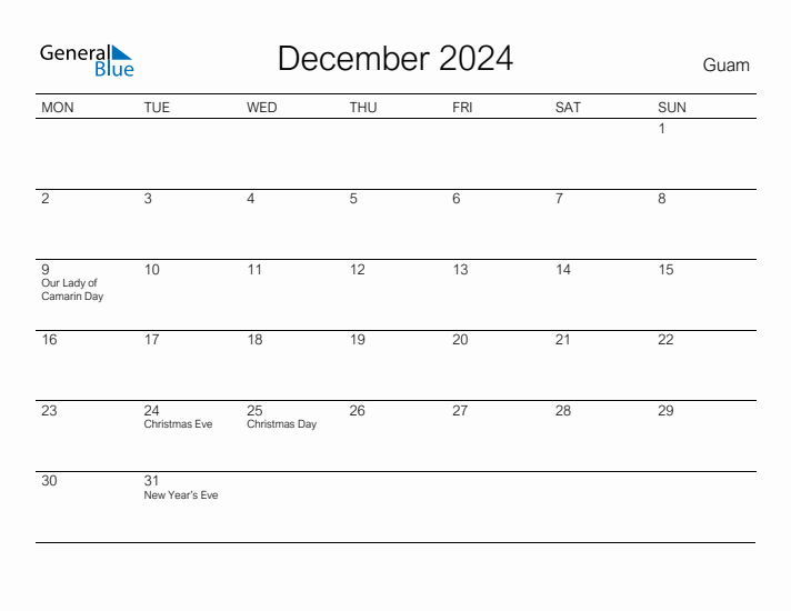 Printable December 2024 Calendar for Guam