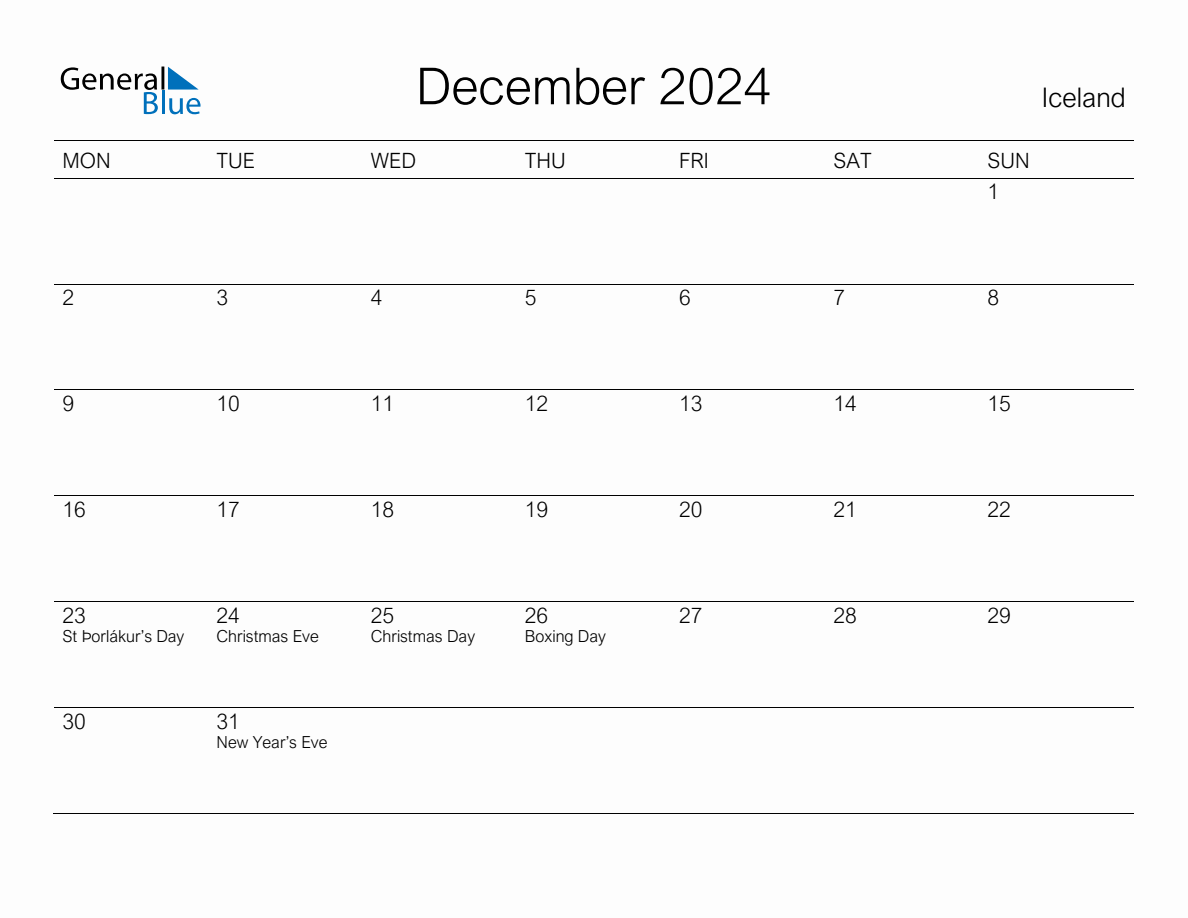 Printable December 2024 Monthly Calendar with Holidays for Iceland