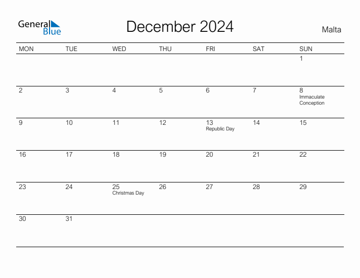 Printable December 2024 Calendar for Malta