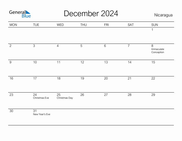 Printable December 2024 Calendar for Nicaragua