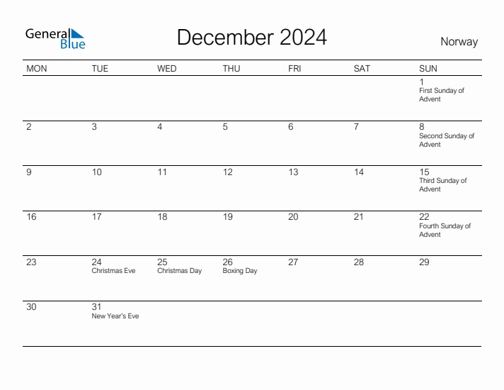Printable December 2024 Calendar for Norway