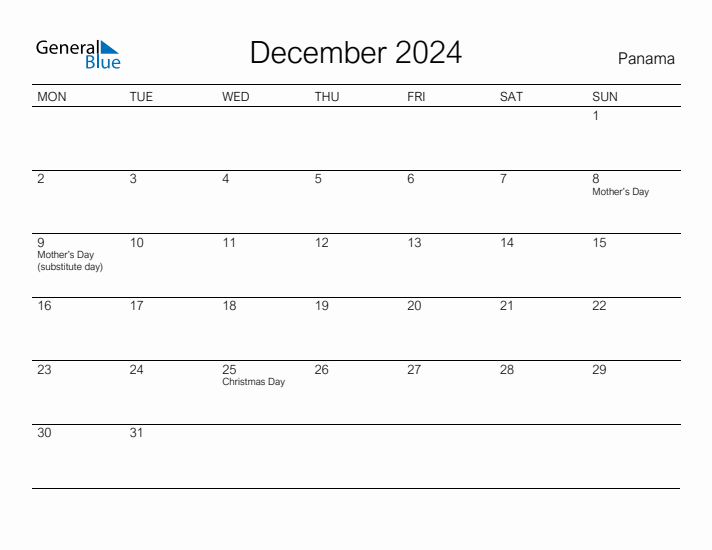 Printable December 2024 Monthly Calendar with Holidays for Panama
