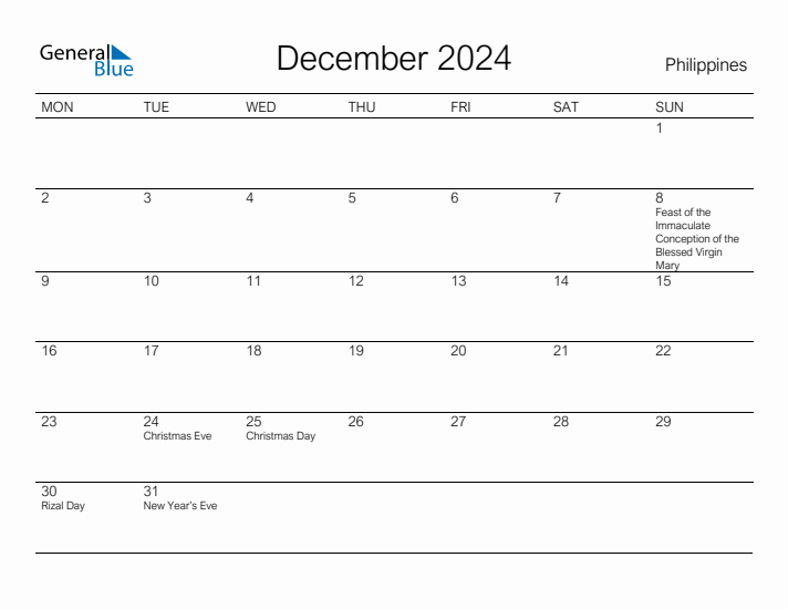 Printable December 2024 Monthly Calendar with Holidays for Philippines