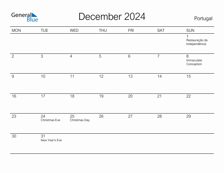Printable December 2024 Calendar for Portugal